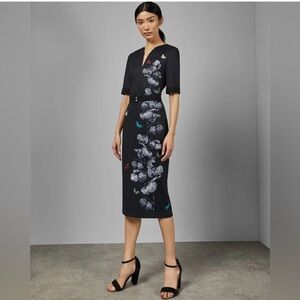 Black Floral-Print V-Neck Midi Dress